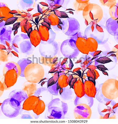 Watercolor seamless pattern with hand drawn citrus branches, bubbles . Beautiful summer print. Surface design. 