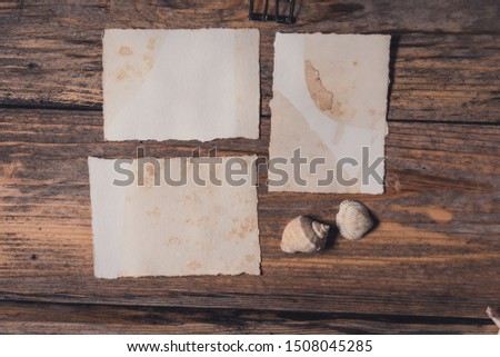 Vintage mockup card with seashells. Flat lay, top view. Mockup card. Wedding invitation with environment and details