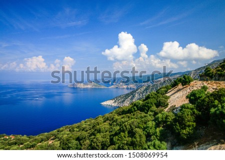 Landscape photography of sea shore with forest in Kefalonia island Greece