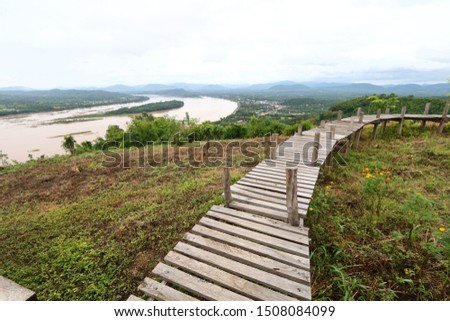 Wooden bridge for walking along the Mekong River and Laos at Phu Lam Duan, Pak Chom District, Loei Province, Thailand