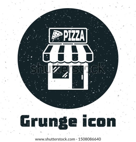 Grunge Pizzeria building facade icon isolated on white background. Fast food pizzeria kiosk.  Vector Illustration