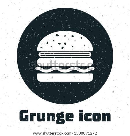 Grunge Burger icon isolated on white background. Hamburger icon. Cheeseburger sandwich sign.  Vector Illustration
