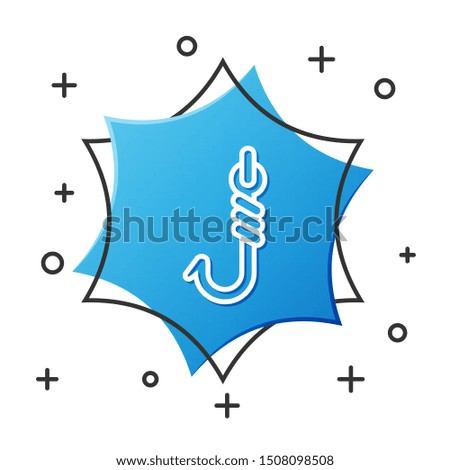 White line Fishing hook icon isolated on white background. Fishing tackle. Blue hexagon button. Vector Illustration