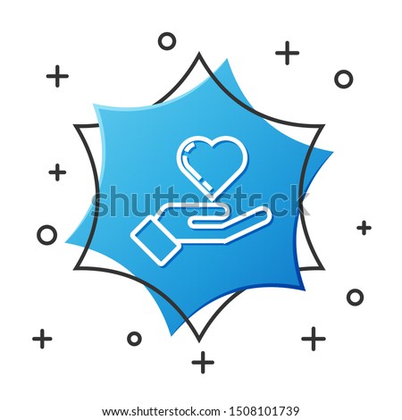 White line Heart on hand icon isolated on white background. Hand giving love symbol. Blue hexagon button. Vector Illustration