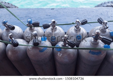 Cylinders for diving on the ship. Vietnam. South China sea