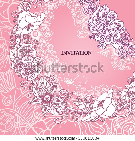 Vector floral invitation, hand drawn retro flowers and leaves