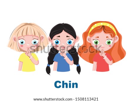 The girl points to a part of the body as "chin" and calls it. Illustration from the "Name a Body Part" series for children