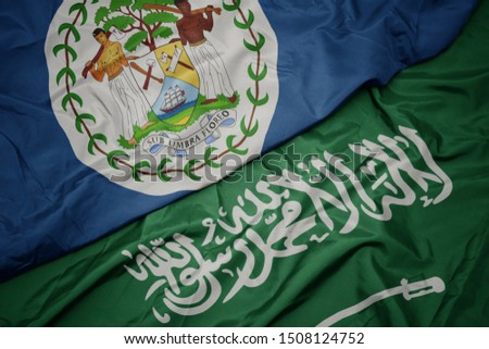 waving colorful flag of saudi arabia and national flag of belize. macro