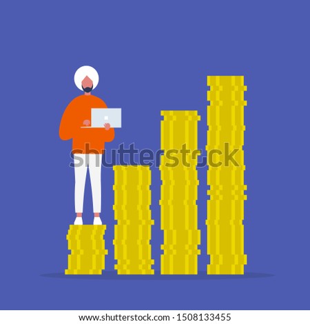 Bank investment. Personal online consultant. Young character holding a laptop. A stack of coins. Successful business. Flat editable vector illustration, clip art