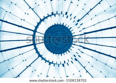 Double exposure of modern architecture fragments with irregular structure. Sky in an office. Transparent circular glass roof or ceiling. Abstract geometric background with radial lines and sectors.