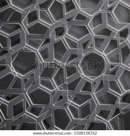 Collage photo of drop ceiling panels with polygonal pattern. Abstract modern architecture of office building interior fragment. Geometric background with  composition of ornamental shapes.