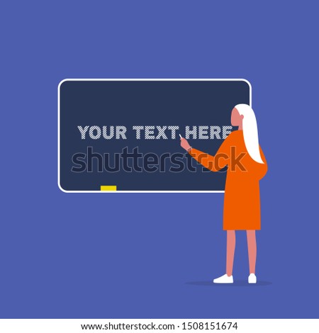 Your text here. Young female character drawing on a chalkboard. Education. University. Lesson. Flat editable vector illustration, clip art