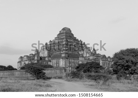 Black and white picture of spetacular architecture Dhammayan Gyi Temple, a famous temple in Bagan, Myanmar