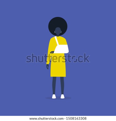 Young character with a broken hand wearing a sling. Rehabilitation. Medical care. Health. Therapy. Clinic. Insurance. Flat editable vector illustration, clip art
