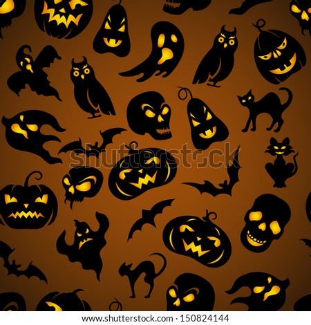 Halloween seamless pattern with pumpkin, cat, bat, ghost, skull, etc