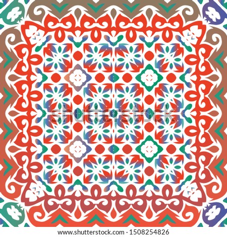 Decorative color ceramic talavera tiles. Vector seamless pattern texture. Stylish design. Red folk ethnic ornament for print, web background, surface texture, towels, pillows, wallpaper.
