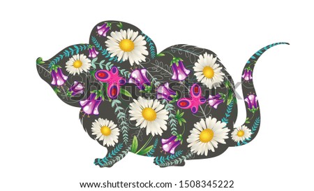 Cute cartoon mouse or rat silhouette with colorful flowers and leaves.