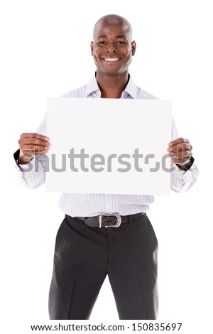 Business man holding a banner - isolated over a white background 