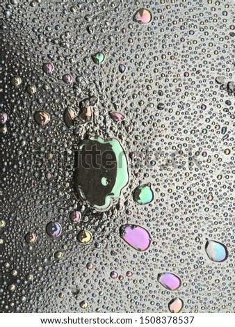 oil drops on floor with multi colour and dark grey  background, close-up - Image