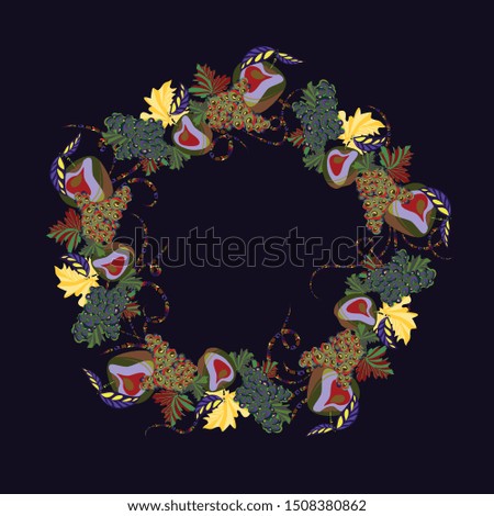 Bright, avant-garde, decorative wreath of fruits. Apples and grapes. Template for design.
Healthy food advertising. Vegetarian products. Vector graphics. Isolated image