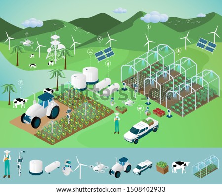 Modern agriculture technology. Smart farming concept. Human with smartphone wireless remote control. Artificial intelligence working on farm. Vector illustration in isometric design. Royalty-Free Stock Photo #1508402933