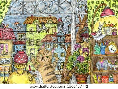 
Tabby cat on the windowsill. City autumn landscape. Drawing in ink and colored pencils. Cute illustration for the decor and design of posters, postcards, prints, stickers, invitations, textiles.