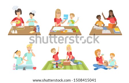 Mother and Son Performing Daily Activities Together Set, Cooking, Reading Book, Making Applique, Having Picnic Vector Illustration