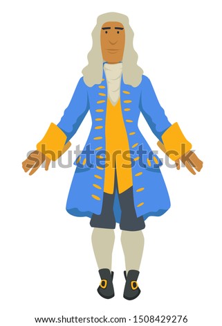 Cavalier, Rococo style, man in wig and stockings, jacket and vest vector. Ancient fashion, nobleman or lord in vintage outfit. Clothes with gold decor elements and leather boots, royal reception look Royalty-Free Stock Photo #1508429276