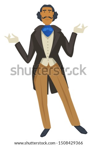 Biedermeier style, man in jacket and gloves with neckerchief and mustache vector. Ancient fashion, male character in vintage clothes, vest and trousers. Nobleman or gentleman in retro clothing Royalty-Free Stock Photo #1508429366