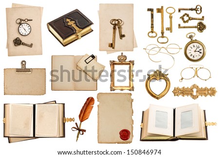 old paper sheets with vintage accessories isolated on white background. antique clock, postcard, photo album, feather pen, keys and glasses