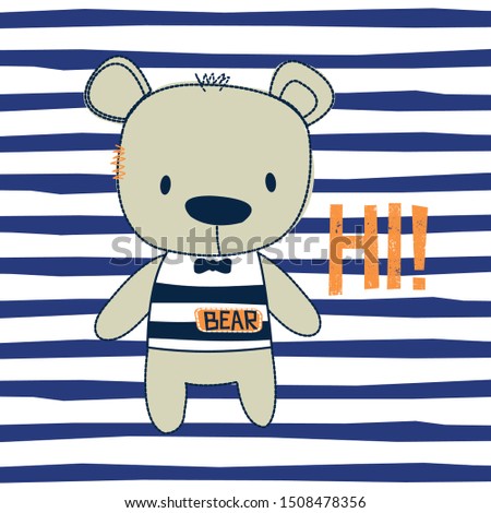 cute teddy bear on striped background vector illustration, T-shirt design for kids