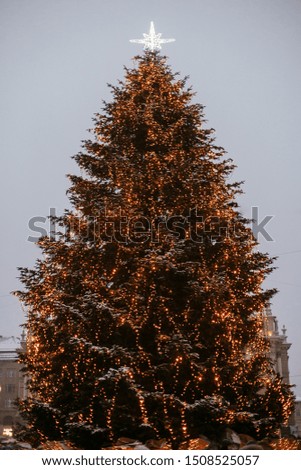 Stylish christmas tree with golden lights and illuminated star on top in european city center. Holiday market in city street.