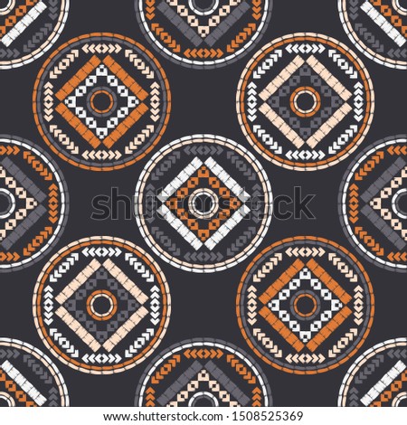 Ethnic boho seamless pattern. Polka dots. Embroidery on fabric. Patchwork texture. Weaving. Traditional ornament. Tribal pattern. Folk motif. Can be used for wallpaper, textile, wrapping, web.