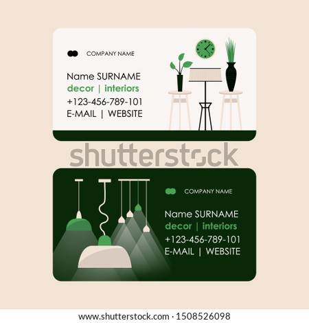 Interior designer business card of a living room, vector illustration in flat style. Modern decoration of cozy apartment, creative concept for comfortable lifestyle in urban interior.