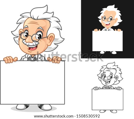 Happy Old Man Professor Holding Blank Board Cartoon Character Design, Including Flat and Line Art Designs, Vector Illustration, in Isolated White Background.
