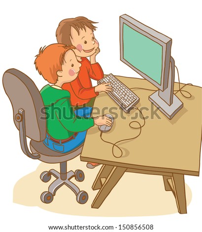 Two boys studying with computer.School activities. Back to School isolated objects on white background. Great illustration for a school books and more. VECTOR.