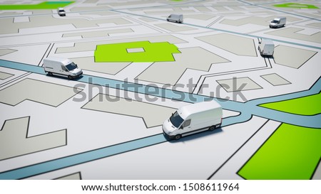 Trucks on a road city map. Concept of global shipment and GPS tracking Royalty-Free Stock Photo #1508611964