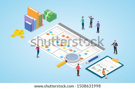 business model canvas paper document meeting discussion template with team people and modern isometric style - vector Royalty-Free Stock Photo #1508631998