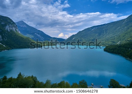 Panoramic view of the lake Molveno north of Italy. Trento region. Great trip to the lake in the Alps. Aerial photography.