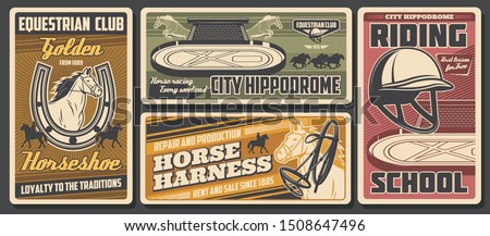 Jockey horse derby race, equestrian club and equine riding sport school. Vector equestrian sport, polo equipment, rider harness and whip, horse riding and golden horseshoe Royalty-Free Stock Photo #1508647496
