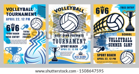 Volleyball sport championship cup and school league or college team match tournament halftone posters. Vector summer camp volleyball game, victory cups and ball flying in net
