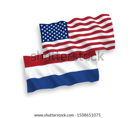 National vector fabric wave flags of Netherlands and USA isolated on white background. 1 to 2 proportion.