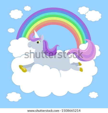 Cute cheerful fairy tale unicorn lying on cloud with blue sky in the background.