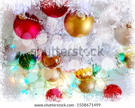 Christmas tree holiday white gold silver red green balls with snowflakes modern wallpaper light decoration lights colorful new year blurry lights background garland bokeh