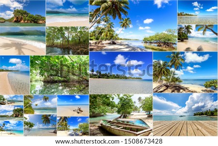 Collage from views of the Caribbean beaches, amazing landscape of Samana, Dominican Republic, with shells, palm trees, a Caribbean house, flowers, boats, mangroves, ocean, waves, sky, sun and clouds