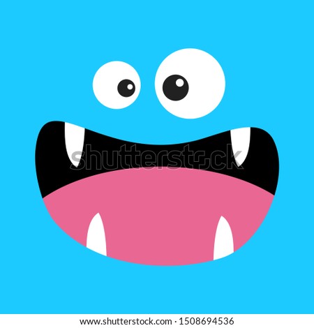Monster head. Boo Spooky Screaming smiling face emotion. Two eyes, tongue, teeth fang, mouse. Square head. Happy Halloween card. Flat design style. Blue background