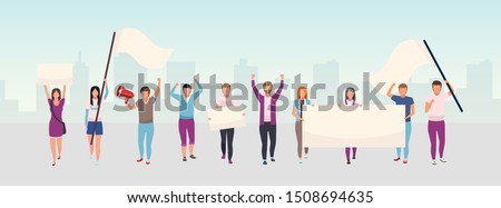 Street protest action flat illustration. Protestors, social movement activists holding blank banners, placard cartoon characters. Political demonstration, human rights protection city picket concept Royalty-Free Stock Photo #1508694635