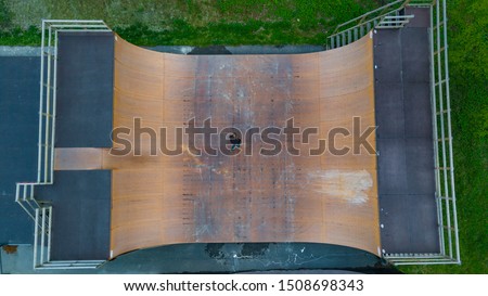 A skateboard ramp seen from above with drone