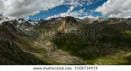 Panorama of Martell valley in South Tyrol (Italy) on a partly cloudy day in summer, Koenigspitze, Gran Zebru