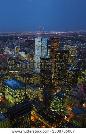 A Vertical aerial of the Toronto city center at night